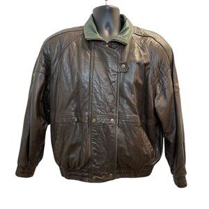 Gino Di Giorgio Leather Brown Jacket With Green Collar & Plaid Lining Sz M